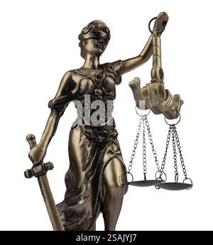 Statue von Lady Justice isoliert auf weißem, flachem Blick. Symbol für eine gerechte Behandlung nach dem Gesetz. Stockfoto