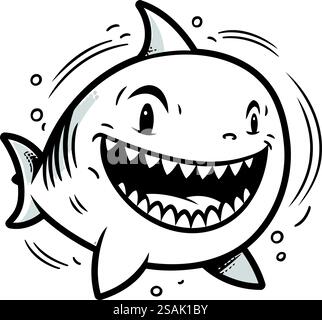 Illustration des Hai-Vektors. Lustiger Karikaturhai. Schwarz-weiß-Vektorillustration. Stock Vektor