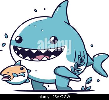 Süßer Karikaturhai und Fisch. Vektorillustration auf weißem Hintergrund. Stock Vektor