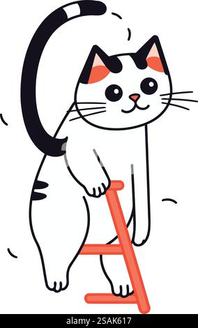 Niedliche Karikaturkatze steht auf einer roten Leiter. Vektorabbildung. Stock Vektor
