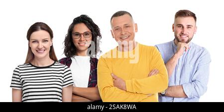 Gruppe von verschiedenen Personen auf weißem Hintergrund Stockfoto