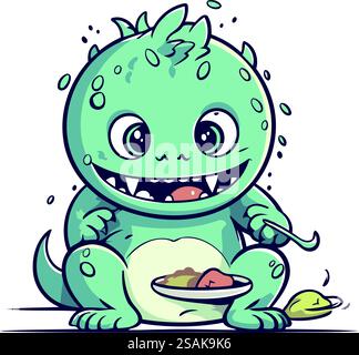 Komisches Comic-Monster, das einen Teller Essen isst. Vektorabbildung. Stock Vektor