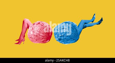 Zeitgenössische Kunstcollage. Zwei Eiskugeln mit menschlichen Beinen lehnen sich in spiegelnder Pose zurück und symbolisieren Kontrast und spielerische Zusammenarbeit. Stockfoto