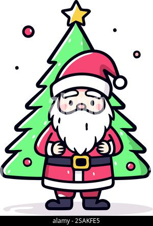 Cartoon Santa Claus mit Weihnachtsbaum und Stern. Vektorabbildung. Stock Vektor