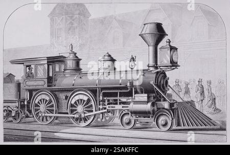 Illustration from Appletons' cyclopaedia of Applied Mechanics, Band 2, veröffentlicht 1880 in New York von D. Appleton & Company. Kontextuelle Darstellung der Achträdrigen amerikanischen Lokomotive, die von den Grant Locomotive Works gebaut wurde, hauptsächlich von der Seite aus gesehen. Stockfoto