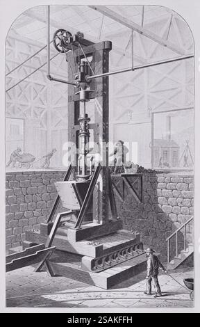 Illustration from Appletons' cyclopaedia of Applied Mechanics, Band 2, veröffentlicht 1880 in New York von D. Appleton & Company. Stempelmühle zum Zerkleinern von Erz vor der Gewinnung von Metall. Balls Briefmarken wie die oben genannten wurden in den 1870er Jahren in der Pewabic-Mühle in Lake Superior, Michigan verwendet. Stockfoto