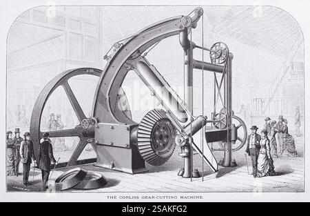 Illustration from Appletons' cyclopaedia of Applied Mechanics, Band 2, veröffentlicht 1880 in New York von D. Appleton & Company. Perspektivische Ansicht des Corliss Zahnradschneiders, wie er auf der Centennial International Exhibition von 1876 in Philadelphia gezeigt wurde. Diese Maschine wurde zum Schneiden der Zähne ungewöhnlich großer Kegelräder entwickelt. Stockfoto