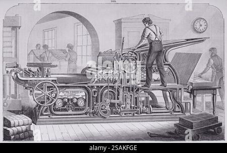 Illustration from Appletons' cyclopaedia of Applied Mechanics, Band 2, veröffentlicht 1880 in New York von D. Appleton & Company. Ansicht der vier-Walzen-, zwei-Umdrehungen-Presse von Cottrell & Babcock, die speziell für den Feindruck entwickelt wurde. Ein Fahrer wird von hinten auf einer angehobenen Plattform gesehen. Stockfoto