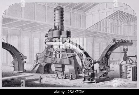 Illustration from Appletons' cyclopaedia of Applied Mechanics, Band 2, veröffentlicht 1880 in New York von D. Appleton & Company. Perspektivische Ansicht des 80 Tonnen schweren Dampfhammers in Le Creusot, Frankreich. Der größte Dampfhammer, den es 1879 gab, war der von Schneider in der berühmten Fabrik von Le Creusot erbaute Dampfhammer. Stockfoto