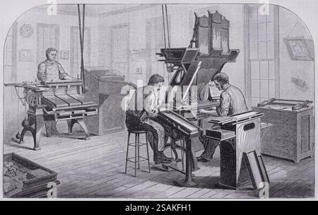 Illustration from Appletons' cyclopaedia of Applied Mechanics, Band 2, veröffentlicht 1880 in New York von D. Appleton & Company. Perspektivische Ansicht der Dickinson-Lorenz-Maschinen mit dem Verteiler links und dem Schriftsetzer rechts. Stockfoto
