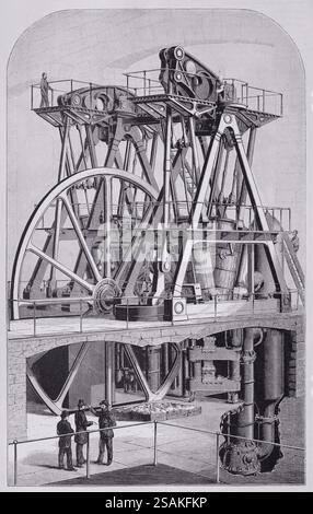 Illustration from Appletons' cyclopaedia of Applied Mechanics, Band 2, veröffentlicht 1880 in New York von D. Appleton & Company. Perspektivische Darstellung der Dampfpumpenmaschine, die von E. D. Leavitt Jr. entworfen wurde, die zur Versorgung der Wasserwerke von Lawrence, Mass. Verwendet wurde, mit einigen abgeschnittenen Bereichen, die die unteren Teile des Motors freigeben. Stockfoto