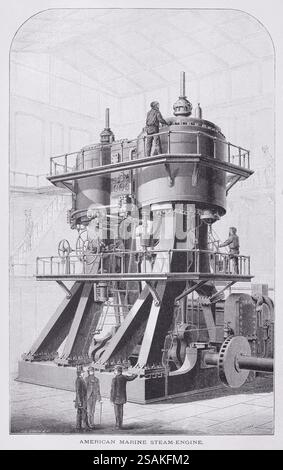 Illustration from Appletons' cyclopaedia of Applied Mechanics, Band 2, veröffentlicht 1880 in New York von D. Appleton & Company. Perspektivische Ansicht einer Verbunddampfmaschine nach Bauart, die in Seedampfern verwendet wird. Stockfoto