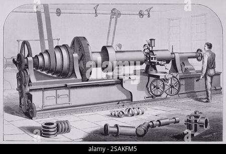 Illustration from Appletons' cyclopaedia of Applied Mechanics, Band 2, veröffentlicht 1880 in New York von D. Appleton & Company. Perspektivische Ansicht einer Flachbettdrehmaschine von William Sellers & Co, Philadelphia. Stockfoto