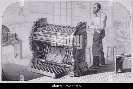 Illustration from Appletons' cyclopaedia of Applied Mechanics, Band 2, veröffentlicht 1880 in New York von D. Appleton & Company. Ansicht der von Peloubet, Pelton & Co. Aus New York hergestellten Schilforgel, die die Orgel in ihrem Gehäuse zeigt und einen Arbeiter, der damit beschäftigt ist, den letzten Schliff zu verleihen. Stockfoto