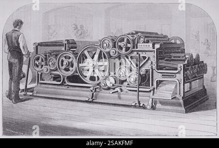Illustration from Appletons' cyclopaedia of Applied Mechanics, Band 2, veröffentlicht 1880 in New York von D. Appleton & Company. Perspektivische Ansicht der Scott Rotationsbahn-Presse, hergestellt von Messrs. C. Potter, Jr. & Co. Aus New York, mit seinem Bediener bereit. Stockfoto