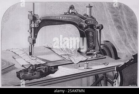 Illustration from Appletons' cyclopaedia of Applied Mechanics, Band 2, veröffentlicht 1880 in New York von D. Appleton & Company. Drehhakennähmaschine, hergestellt von der Wheeler & Wilson Sewing Machine Company, New York. Eine Drehhakenmaschine sorgt für den Verriegelungsstich, indem die Fadenschlaufe über eine feste Spule transportiert wird. Stockfoto