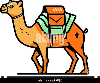 Kamel mit Rucksack. Vektorabbildung in flacher linearer Form auf weißem Hintergrund. Stock Vektor