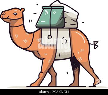 Kamel mit Rucksack. Vektor-Illustration in flachem Cartoon-Stil. Stock Vektor