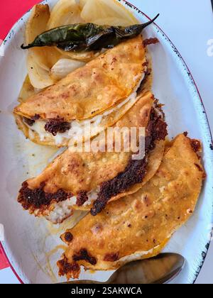 Knusprige Birria-Tacos mit gegrillten Zwiebeln und Chili auf rustikalem Plate Eye Level View Stockfoto