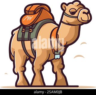 Kamel mit Rucksack. Vektor-Illustration eines Kamels im Cartoon-Stil. Stock Vektor