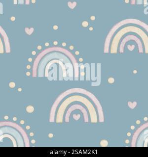 Nahtloses Aquarellmuster mit Regenbögen, Herzen und Punkten auf pastellfarbenem blassblauem Hintergrund. Illustration eines Hintergrunds für Kinderzimmer, Kindermotive, Geschenkpapier oder Babytapete. Stockfoto