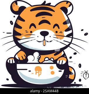 Süßer Cartoon-Tiger in einer Schüssel mit Reis. Vektorabbildung. Stock Vektor