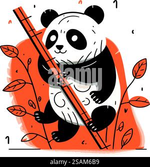 Süßer Panda mit Bambusstäbchen und Blättern. Vektorabbildung. Stock Vektor