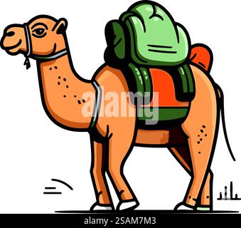 Kamel mit Rucksack. Vektorillustration im Doodle-Stil. Stock Vektor