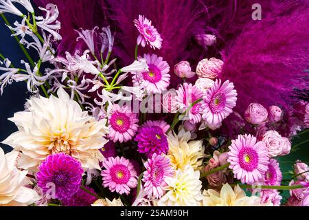 Strauß aus verschiedenen Blumen: Dahlien, Astern und Gerberas. Farbenfroher Blumenhintergrund. Stockfoto