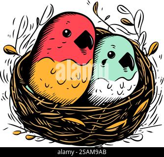 Hand gezeichnete Vektor-Illustration eines glücklichen Ostereiers im Nest. Stock Vektor