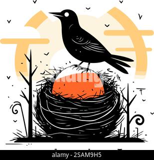 Vektor-Illustration einer schwarzen Krähe, die in einem Nest mit einem Ei sitzt. Stock Vektor