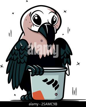 Niedlicher Cartoon-Raben mit Eimer. Vektorillustration auf weißem Hintergrund. Stock Vektor