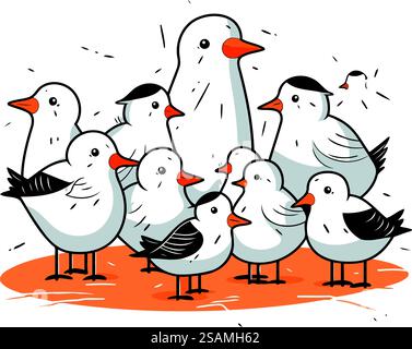 Gruppe der Möwen. Vektorillustration auf weißem Hintergrund. Stock Vektor