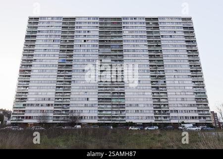 Düsterer Turmblock aus den 1970er Jahren im Wohnpark Hochheide, heruntergekommenes Grundstück mit Eigentumswohnungen, Duisburg, Nordrhein-Westfalen, GE Stockfoto