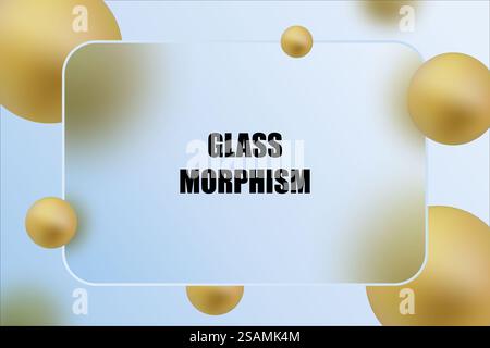 Klares Glasrechteck mit Unschärfeeffekt mit Goldkugeln auf blauem Verlauf. Vorlage für Glasmorphismus-Banner. Stockfoto