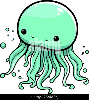 Illustration eines niedlichen Zeichentrickcharakters der blauen Qualle. Vektor Stock Vektor