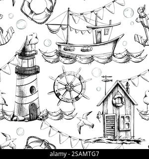 Meeresmotiv mit Leuchtturm, Fischerkabine, Fischerboot, Lenkrad, Rettungsring, Anker. Grafische Illustrationen in Schwarzweiß Stock Vektor