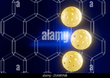 Drei gelbe Pickleball-Kugel mit blauem Honigwabenhintergrund. 3D-Rendering Stockfoto