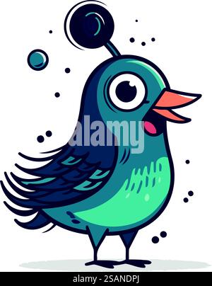 Süßer blauer Karikaturvogel mit Antenne. Vektorillustration isoliert auf weißem Hintergrund. Stock Vektor