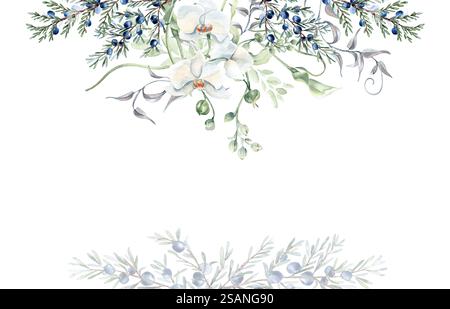 Aquarellrand mit weißen Orchideen und wacholderzweigen in sanften Pastelltönen isoliert. Handgemaltes botanisches Design in Salbeigrün für Einladungen Stockfoto