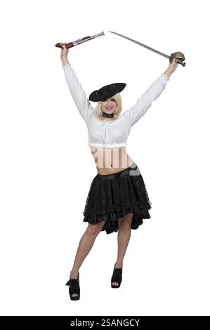 Pirat junge schöne Frau mit einem Flintlock Pistole und Schwert Stockfoto
