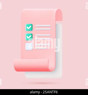Checkliste auf 3D-Clipboard-Papier. Dokument in Testform mit Häkchen und Streifen abstrakte Fragen. Fragebogen mit Notizen. Zwischenablage und Häkchen. Vektorabbildung... Zwischenablage und Häkchen Stock Vektor