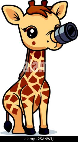 Süße Giraffe mit einer Kamera in der Hand. Vektorabbildung Stock Vektor