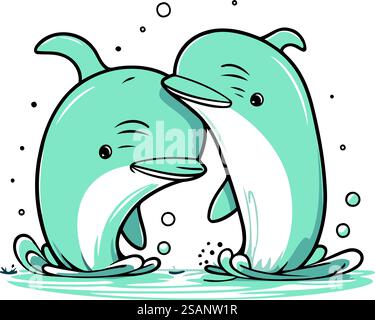 Illustration von zwei süßen Delfinen im Wasser. Vektorabbildung. Stock Vektor