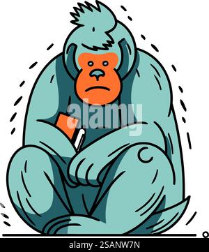 Trauriger Gorilla mit Handy. Vektordarstellung in dünner Linienart. Stock Vektor