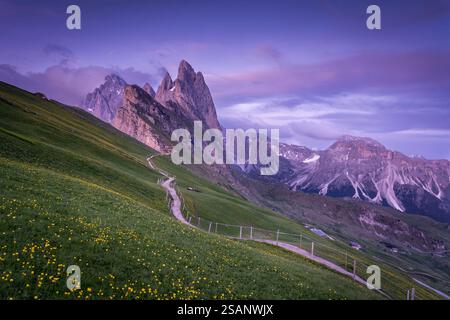 Goldene Stunde Sonnenuntergang von Seceda, Dolomiten Stockfoto