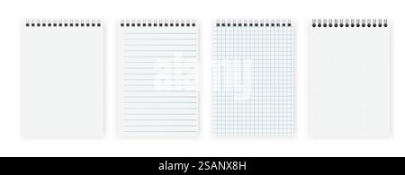 Realistisch geöffnete Notebook-Modelle. Papierbinderseite mit Leinen, Karo und Punkten für Notizblöcke. Notizblock für die Schule. Vektorabbildung... Satz leeres Spiralnotizblock-Notizbuch Stock Vektor