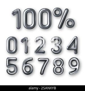 Satz aus silbernen 3D-Zahlen mit Prozentzeichen auf weißem Hintergrund. Designelement für Verkaufsbanner, Rabatte oder Bankkarte. Silberne Folienballons Zahlensatz. Satz aus silbernen 3D-Zahlen mit Prozentzeichen auf weißem Hintergrund. Stock Vektor