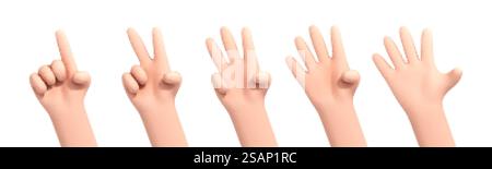 3D-Zeichentrickzeiger zählen von eins bis fünf auf weißem Hintergrund. Handflächen mit angehobenen Fingern. Zeichentrickserie mit Zählhänden. Handgestennummern. Vektor-3D-Illustration Stock Vektor