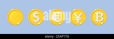 3D-Zeichentricksymbole. Münzen mit Schildern in verschiedenen Währungen. Vektor-3D-Illustration Stock Vektor